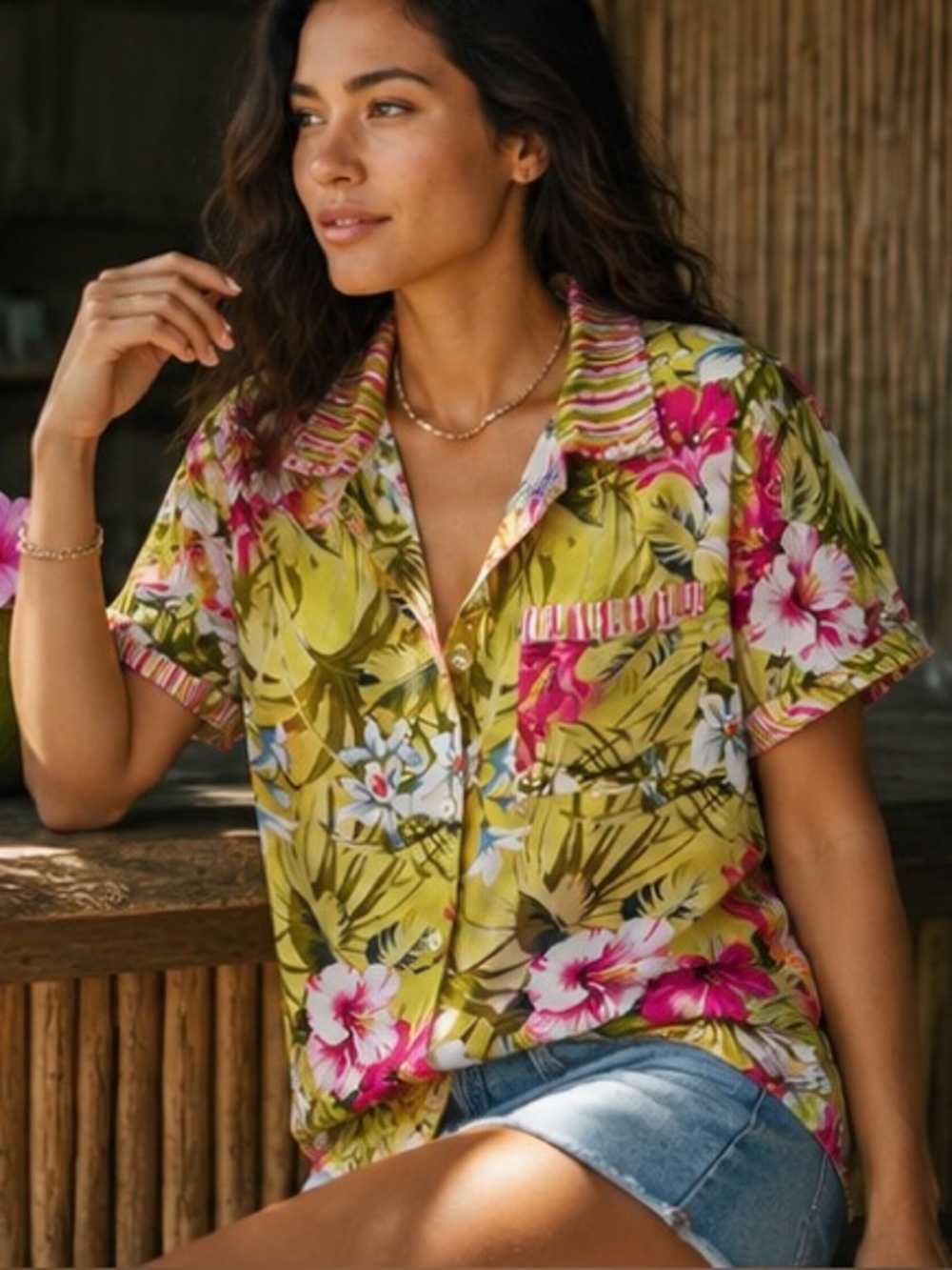 USINDO Tropical Hawaiian Floral Yellow-Green & Pink Sequined Button Down Shirt M